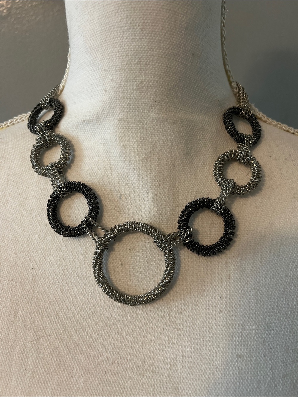 Silver and Black Linked Circle Statement Necklace
